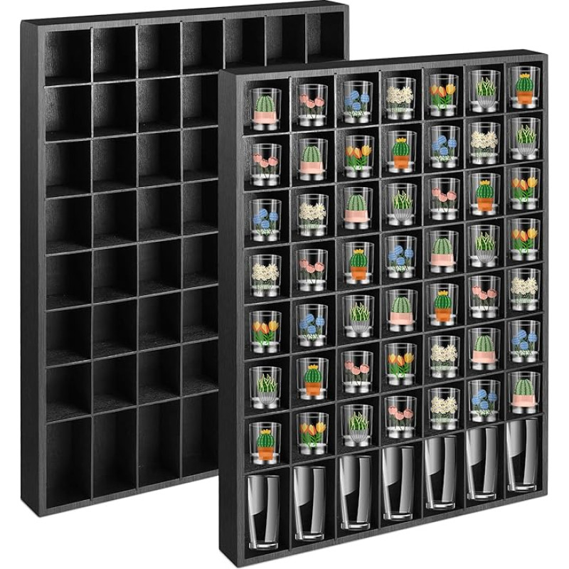 2 Pack Large Wooden Shot Glass Display Case for Shot Glass Holder Wall Mounted Shadow Box with Removable Shelves Shot Glasses Shelf Thimble Display Case Shot Glass Storage Box 56 Compartments