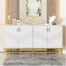 BTM Modern Sideboard with 4 Doors - Stylish Design in White & Gold MDF Body with Metal Legs, Large Capacity, Height Adjustable Shelves - for Living Room, Dining Room & Hallway