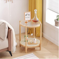 Tiita Rattan Coffee Table, Round Side Table, 50 cm, Modern Side Table, Small Bamboo Living Room Side Table, Glass Sofa Side Table for Balcony and Office, Outdoor/Indoor (Horizontal Stripes)