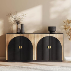 BELLEZE Ribbed Buffet Cabinet with Storage Symmetrical Arch Accent Large Console Table for Dining Room Kitchen and Living Room 165cm (Camel)