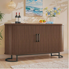 HUAHUU Sideboard Buffet Schrank mit Stauraum, 137,9 cm geriffelter Tambour, verstellbare Regale, Mitte des Jahrhunderts moderne Konsole für Wohnzimmer, Küche, Walnuss