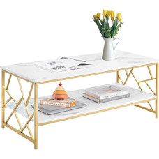 Xisilla Golden Metal Frame Coffee Table Rectangular Coffee Table Marble Look with Double Levels Simple and Stylish Living Room Table White