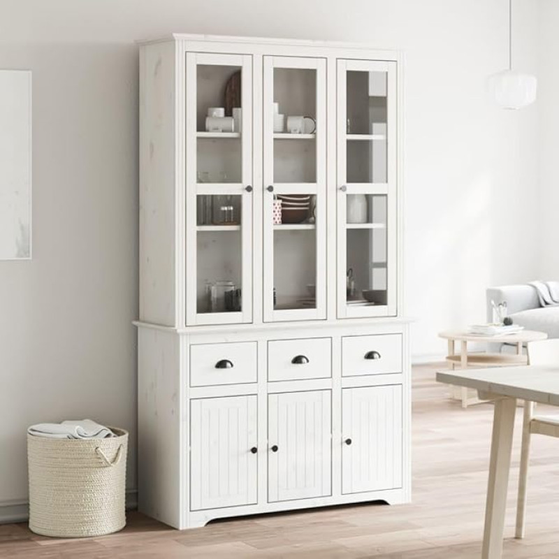 KOIECETA BODO Classic Highboard Cabinet with Glass Doors, Solid Pine Wood, 115.5 x 43 x 200.5 cm (White)