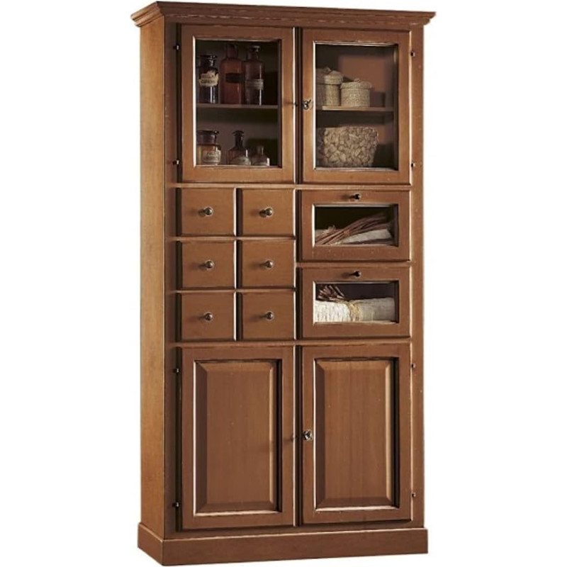 Mar.c.a. Design - Walnut-Coloured Kitchen Cabinet Made of Dark Poplar Wood, Tall Cabinet with Drawers, Arte Povera, Made in Italy, Size 107 x 45 x 203h
