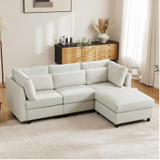 Merax Sofa 3 Seater Couch, Corner Sofa with Footstool, L Shaped Modular Sofa Made of Linen Fabric, Sofa Set for Living Room/Bedroom/Guest Room, Beige