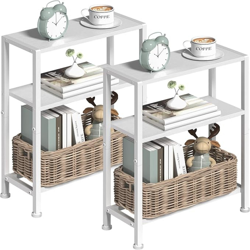 Narrow Side Table Set of 2 for Small Space, 2-Tier Small Side Table with Shelf Holder, Narrow Bedside Table, Skinny Snack Coffee Table in Living Room, Bedroom, Study, Kitchen and