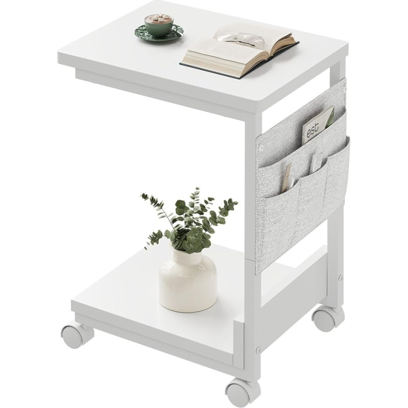 YeTom Side Table, C Table with 2-Tier Storage Shelf, Side Table with Storage Bag, Sofa Table with Wheels for Living Room, Bedroom, Office, Bathroom, White