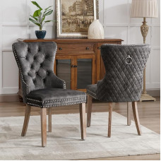 Aunvla Dining Room Chair (Kitchen Chair Living Room Chair with Unique Door Knocker on the Back), Upholstered Chair with Nail Head Trim, Solid Wood Legs, Velvet Cover, Grey