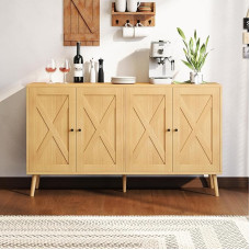 Sideboard Buffet Cabinet Farmhouse Cabinet with Storage Space with 4 Doors, 55 Inch Kitchen Cabinet, Modern Wooden Coffee Bar Cabinet with Adjustable Shelves for Living Room, Dining Room