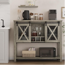 Amyove Buffet Storage Cabinet, Wine Cabinet, Coffee Bar Table with Wine Glass Rack, Farmhouse Wooden Buffets and Sideboards with Storage Space and Barn Mesh Door for Kitchen, Dining Room, Living Room