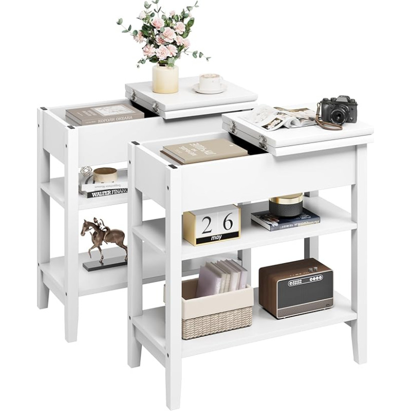 BOTLOG Side Table, White, Narrow Side Table with Shelves, Flip Top Sofa Table, Bedside Table for Living Room, Bedroom, Small Space