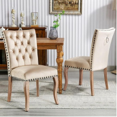 Velvet Dining Room Chairs, Set of 2 Kitchen Chairs, Living Room Chairs with Unique Door Knocker on the Back, Upholstered Chair with Nail Head Trim, Solid Wood Legs, Light Camel