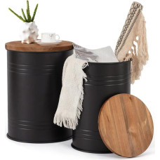 Poofzy Farmhouse Side Tables, Set of 2, Galvanized Metal Decor, Side Table with Wooden Lid, Coffee Table, Storage Stool for Living Room (Black)