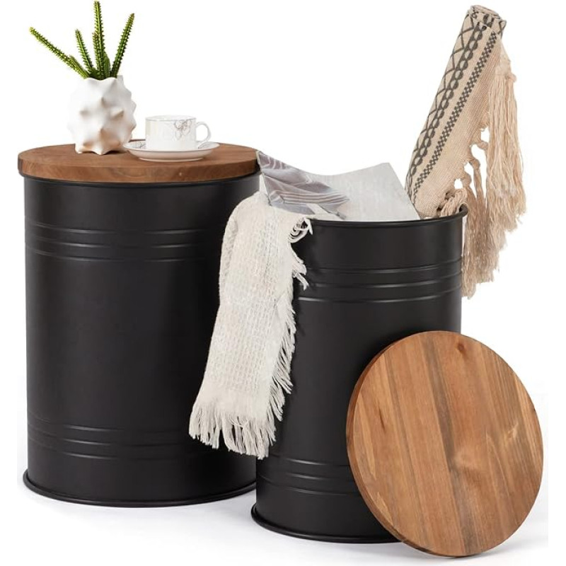 Poofzy Farmhouse Side Tables, Set of 2, Galvanized Metal Decor, Side Table with Wooden Lid, Coffee Table, Storage Stool for Living Room (Black)