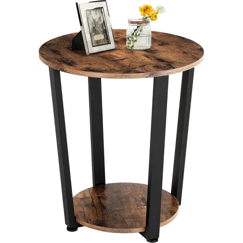 Round Side Table for Small Spaces, Round Bedside Table, Bedside Table with 2-Tier Storage Shelf and Sturdy Metal Frame, Wooden Accent Table for Living Room, 50.8 x 50.8 x 55.9 cm, Rustic Brown