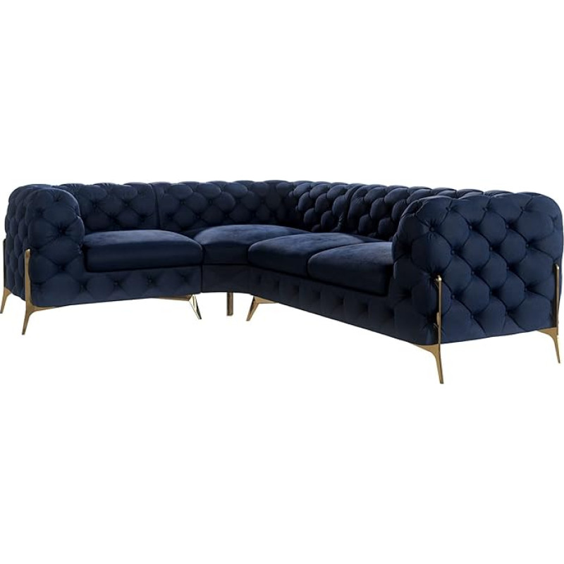 S-Style Möbel Bellano Corner Sofa 4-Seater Corner Sofa Left Chesterfield Corner Sofa Living Room Lounge Couch with Gold Metal Feet Furniture Freestanding Cushion Sofas & Couches Dark Blue 262 x 200 x