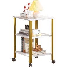 Bedside Table with Three Shelves, Mobile Table, Industrial Table, Living Room, Side Table, Bedroom, Accent Table, Wooden Top, Versatile Sofa Table for Snack Table, Coffee Table (White Marble Texture)