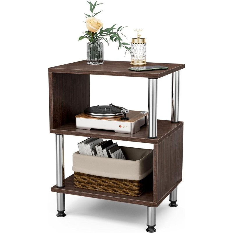 Frylr Side Table, Bedside Table, S-Shape, White Italian Marble Laminate, 40 x 30 x 54 cm, Separate Large Storage Space, Coffee Table, Living Room Table, Sofa Table, Wooden Table (Walnut)