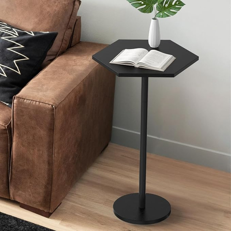 Drinks Tables for Small Spaces, Black Side Table for Couch, Modern Cocktail Martini Table, Hexagonal Small Base, Coffee Side Table for Living Room, Bedroom, Patio