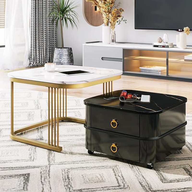 EASTALOLO Stackable Coffee Table Set of 2, High Gloss Marble Look, Golden Accents, Side Table with Drawer, Flexible Combinable and Stylish for Living Room and Office (White + Black)