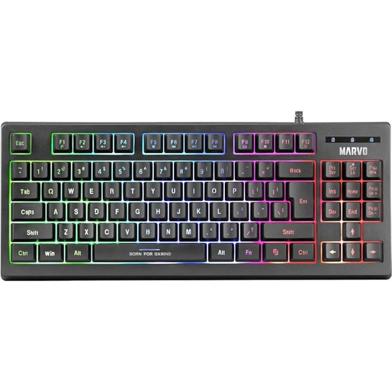 MARVO K607 Compact Gaming Keyboard - TKL Format, 3 Colours LED Backlight with Adjustable Brightness, Anti-Ghosting Keys, USB 2.0 Port, UK Layout