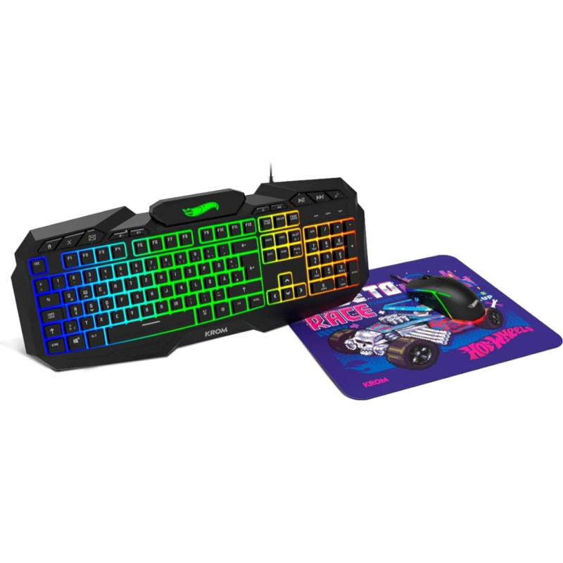 KROM Kit Keyboard, Mouse and Mouse Mat Hot Wheels Edition KUSTOM - LED RGB Membrane Keyboard, Mouse Optical Sensor 7200 DPI, Mouse Mat with Rubber Base, German Layout, Black