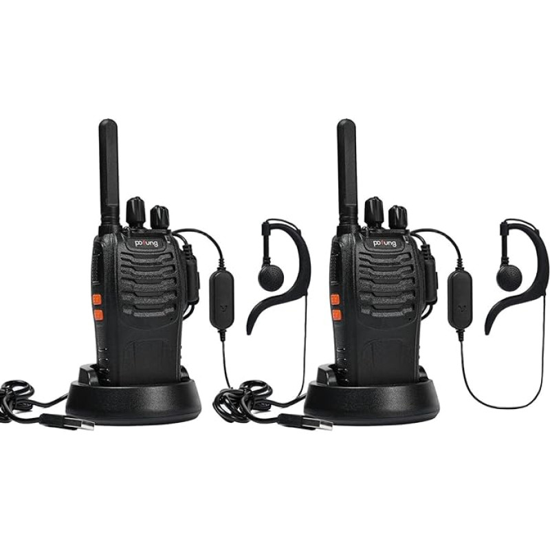 Pofung PT88E Walkie Talkie PMR446 litsentsivaba kahesuunaline raadio, 16 kanaliga pikamaa Walkie Talkies koos laadimisjaama ja kõrvaklappidega (must, 2-pakk)