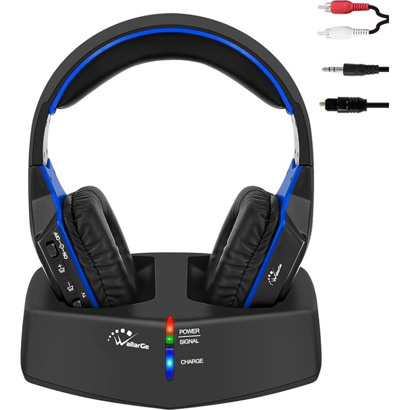 WallarGe juhtmevabad kõrvaklapid telerile/TV-le, üle kõrvade juhtmevabad kõrvaklapid RF digitaalse laadimisjaamaga, mille ulatus on 33 m, optilise ja Aux-portiga (must ja sinine)