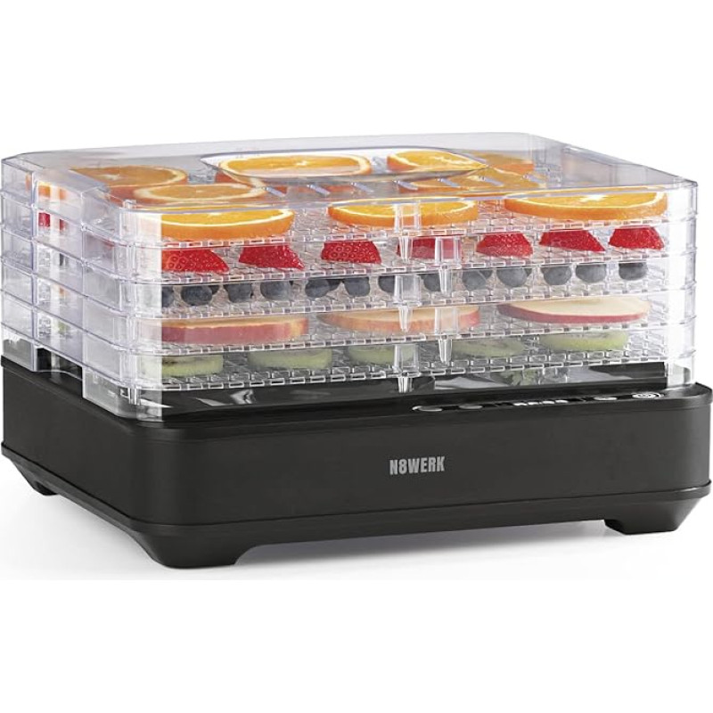 N8WERK Dehüdraator roostevabast terasest | Temperatuuriregulaator 35-70 °C, digitaalne taimer (kuni 24 tundi) | Dehüdraator 5 võrega, reguleeritava kõrgusega | Toitainete säilitamine puuviljade ja marjade küpsetamisel.