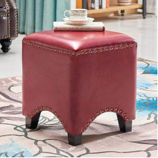 LH Platz Upholstered Wood Seat Footstool Footstool Ottoman Pouffe Chair Foot Stool with Imitation Oil Wax Leather Cover Hand Rivets Edge Sealing for Living Room, Bedroom and Office