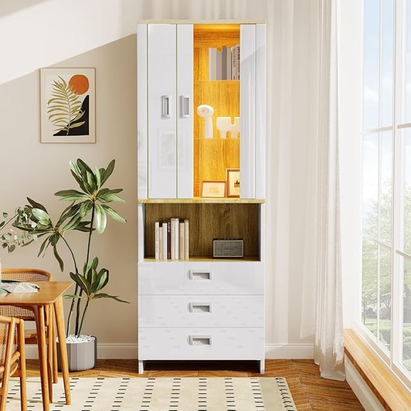 SogesHome Glass Display Cabinet High Display Shelf Display Cabinet with 3 Drawers Adjustable LED Lighting for Living Room Bedroom 65 x 35 x 181.5 cm