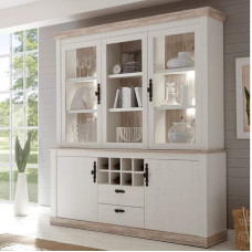 Lomadox Large Buffet Cabinet in Country House Style in Pine White with LED Back Panel Lighting