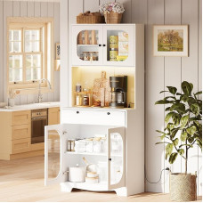 Kitchen Storage Cabinet with Lighting and Charging Station, 180 cm High Buffet Cabinet with Storage and Microwave Shelf, Storage Cabinet with Doors and Drawers, Coffee Bar Cabinet for Dining Room