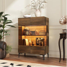 PREMTURE Glass Display Cabinets with Pop-up Doors, Display Cabinet with 3 Shelves, Display Cabinet with LED Lighting, Buffet Cabinet for Kitchen, Living Room, Dining Room, Brown, 80 x 38.2 x 115 cm