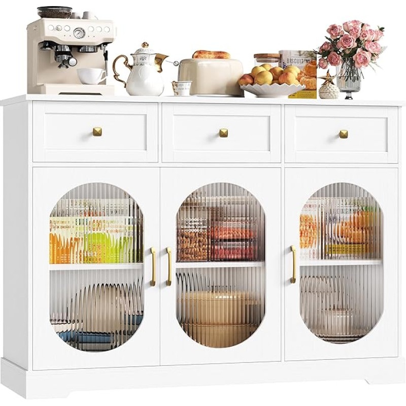 FirFurd Sideboard 120 cm Wide Kitchen Cabinet with Worktop Sideboard for Kitchen Living Room Buffet Cabinet with 3 Drawers and 3 Glass Doors Kitchen Buffet with Adjustable Shelf White 120 x 89 x 39.8
