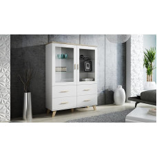 Lotta Vitrinew Cabinet Living Room Cabinet Scandinavian 2 Door 4 Drawers Brilliant White / Sonoma Oak