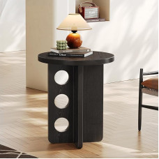Round Side Table, Small Side Table for Small Spaces, Modern Bedside Table with Wooden Table Top and Adjustable Non-Slip Feet for Living Room, Bedroom, Black, 15.8 x 15.8 x 17 inches