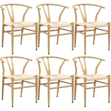 Yaheetech Medieval Style Dining Room Chairs, Y Chair with Metal Frame, Rattan Chair, Maximum Load 150 kg, Wood Colour, Set of 6