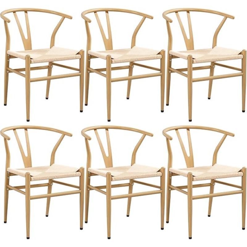 Yaheetech Medieval Style Dining Room Chairs, Y Chair with Metal Frame, Rattan Chair, Maximum Load 150 kg, Wood Colour, Set of 6