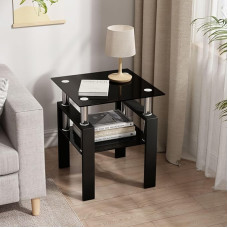Meihua Glass Side Table, Square Glass Side Table, 2 Tier Modern Bedside Table with Metal Legs for Living Room & Bedroom (Black Glass+Black Leg, 1 Piece)