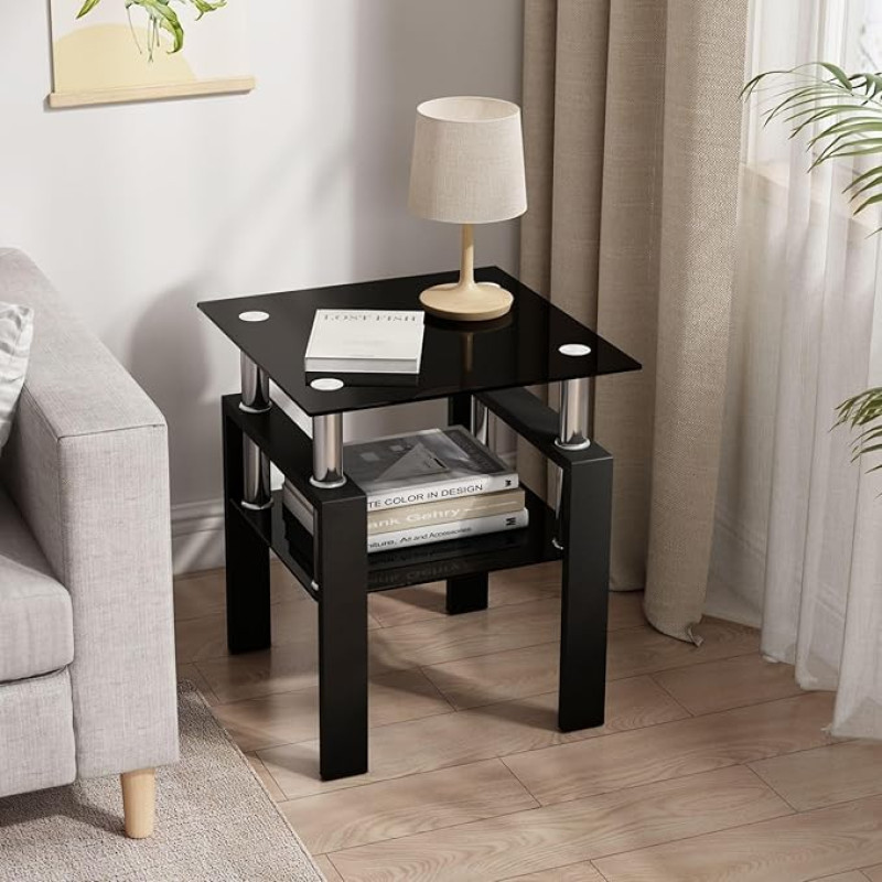 Meihua Glass Side Table, Square Glass Side Table, 2 Tier Modern Bedside Table with Metal Legs for Living Room & Bedroom (Black Glass+Black Leg, 1 Piece)