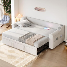 DRIXNO Upholstered Sofa Bed, 90/180 x 190 cm, Armrests Wide and Thicker, with Smart Bluetooth Stereo System with USB Charging Port, with Storage Compartments, with Slatted Frame, Velvet Fabric, Beige