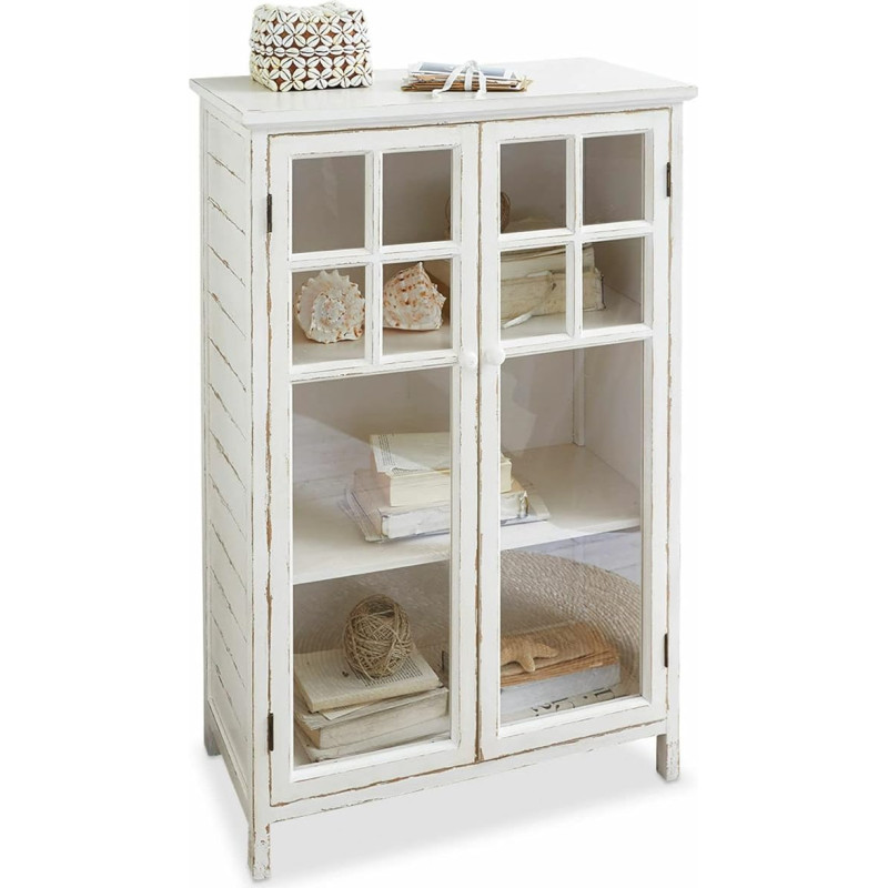 Loberon Weston Country Style Chest of Drawers with Two Glass Window Doors Decorative Antique Finish Display Cabinet Cabinet Pine Antique White