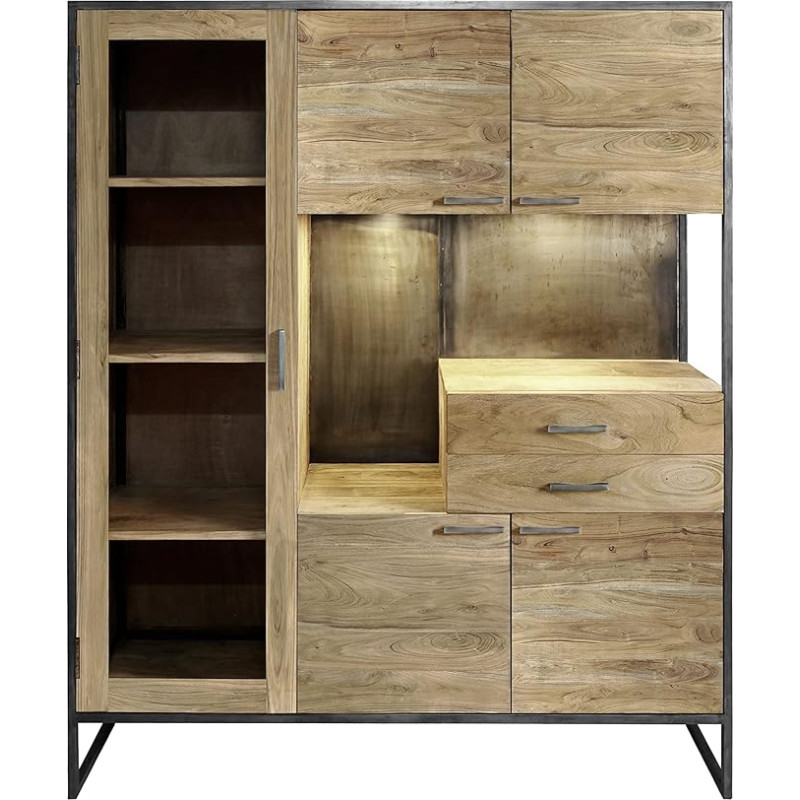 SAM Sydney Highboard, Solid Acacia Wood & Stone Coloured, Tall Cabinet with Light, 5 Doors, 1 Open Compartment and 2 Drawers, Metal Frame, 139 x 160 x 40 cm