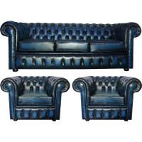 Genuine Leather 3 Seater Sofa Set with Club Chairs in Antique Blue