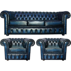 Genuine Leather 3 Seater Sofa Set with Club Chairs in Antique Blue
