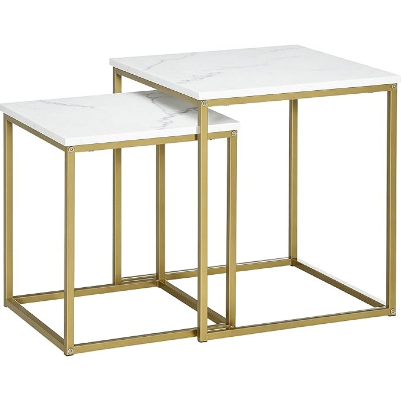 HOMCOM Coffee Table Set of 2 Side Tables with Marble Look, Steel Frame, Stackable, Living Room Table, Coffee Table, Sofa Table for Living Room, Bedroom, White + Gold