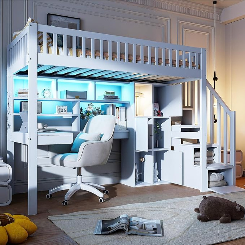 Lcoho Cabin Bed, 90 x 200 cm, Remote Controlled Ambient Light, Storage Ladder, Shelves, Storage Compartments, Desk, Without Mattress, White