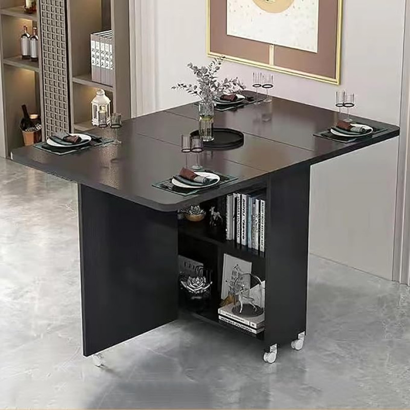 YCNLYSSR Klappbarer Esstisch mit 6 Rädern, 2-lagiges Lagerregal, platzsparender, zusammenklappbarer Küchen- und Büroschreibtisch, vielseitiges ausziehbares Möbel für kleine Räume
