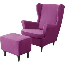 Luxury Stretch Velvet Covers for Armchairs (Pack of 2) + Ottoman Slipcover - Elastic Covers for Armchairs in the Living Room (Purple)